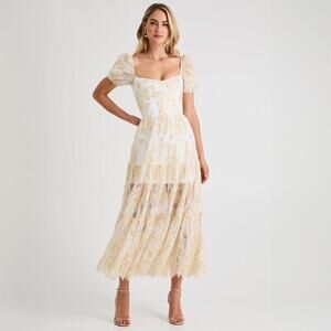 Helsi Corinne Off White Gold Short Puff Sleeve Floral Maxi Dress XL NWT